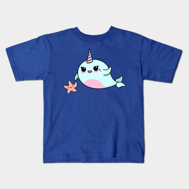 Cute Narwhal and Starfish Kids T-Shirt by Pendientera